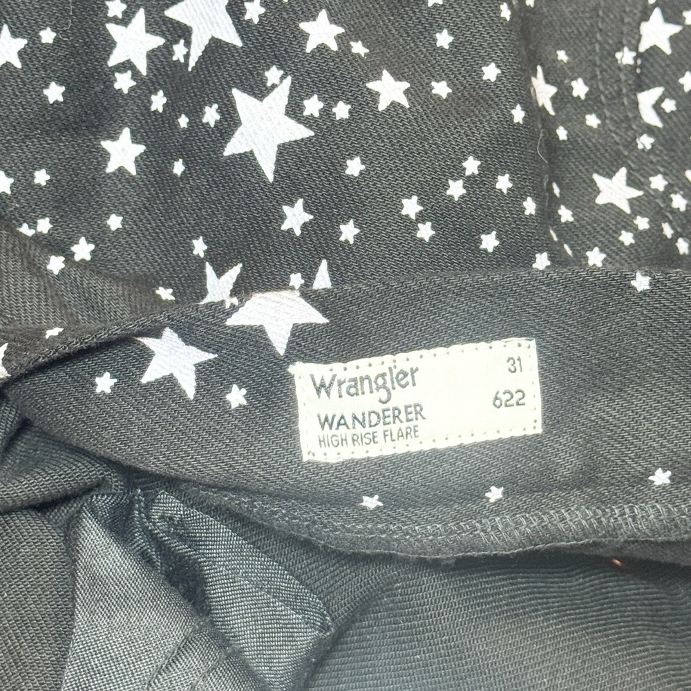 Wrangler Wanderer High Rise Flare Jeans Womens 31 Black Star Print Celestial - Picture 7 of 13